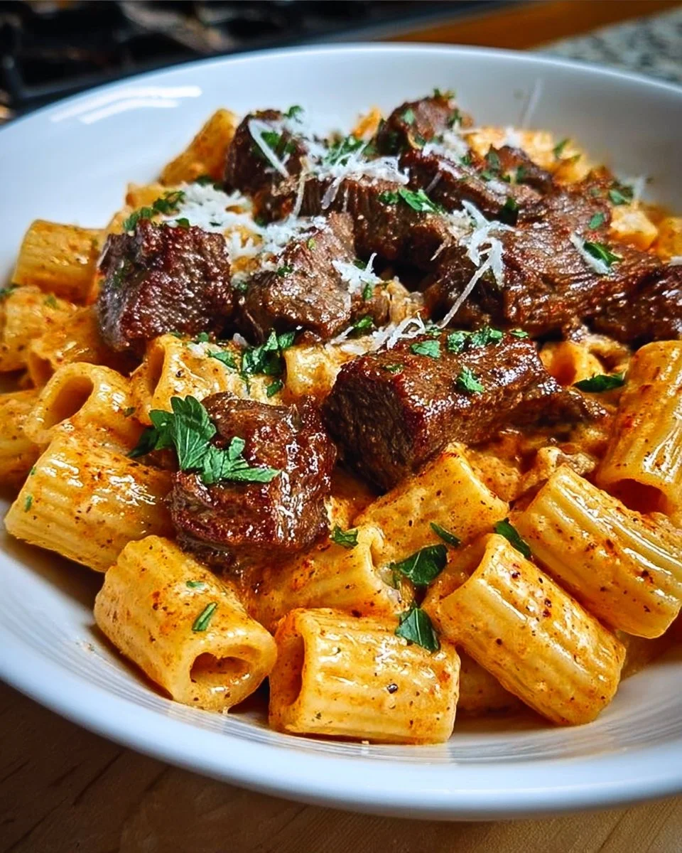 Cajun Steak Tips with Cheesy Rigatoni