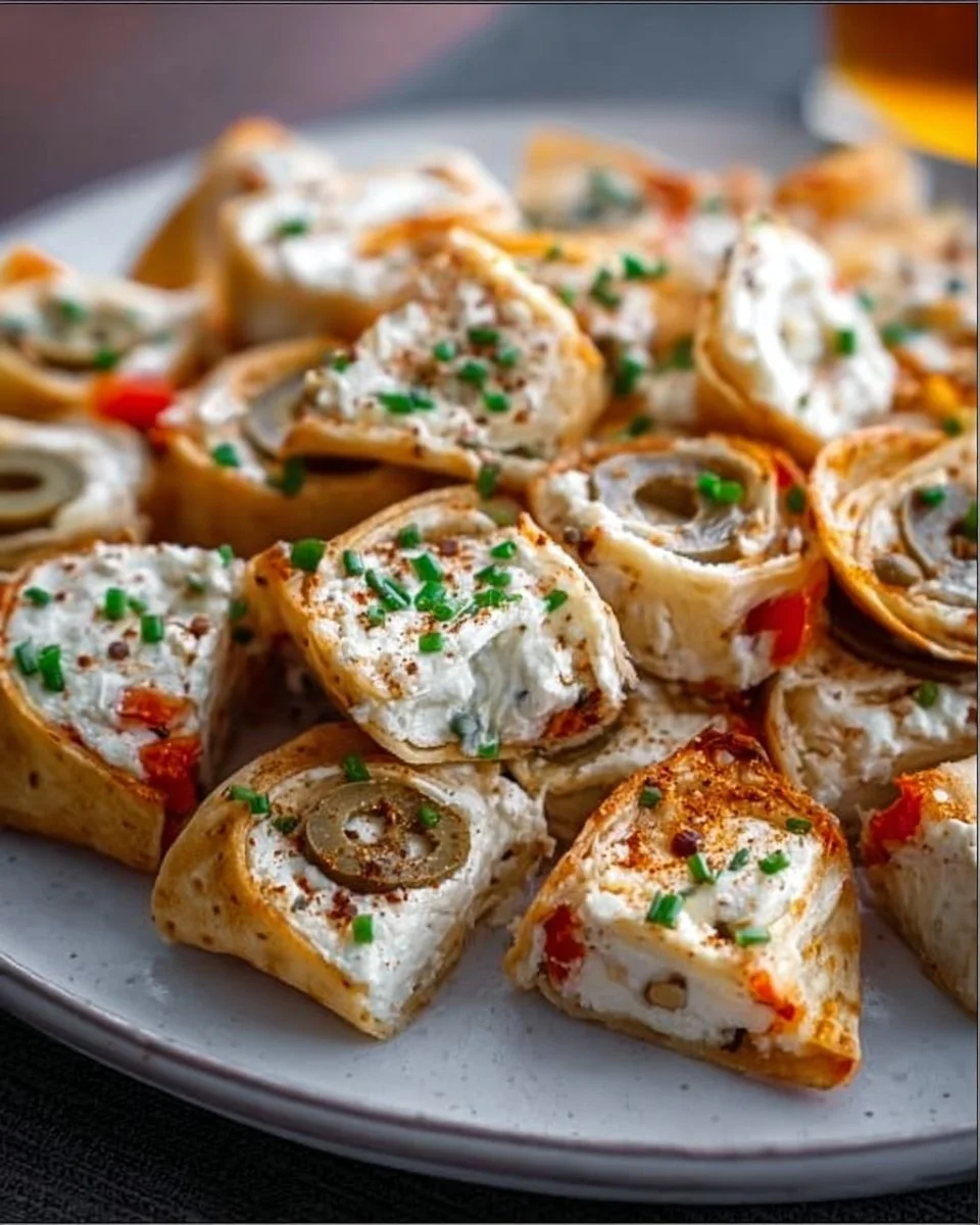 Cream cheese tortilla bites served on a platter for a tasty snack.