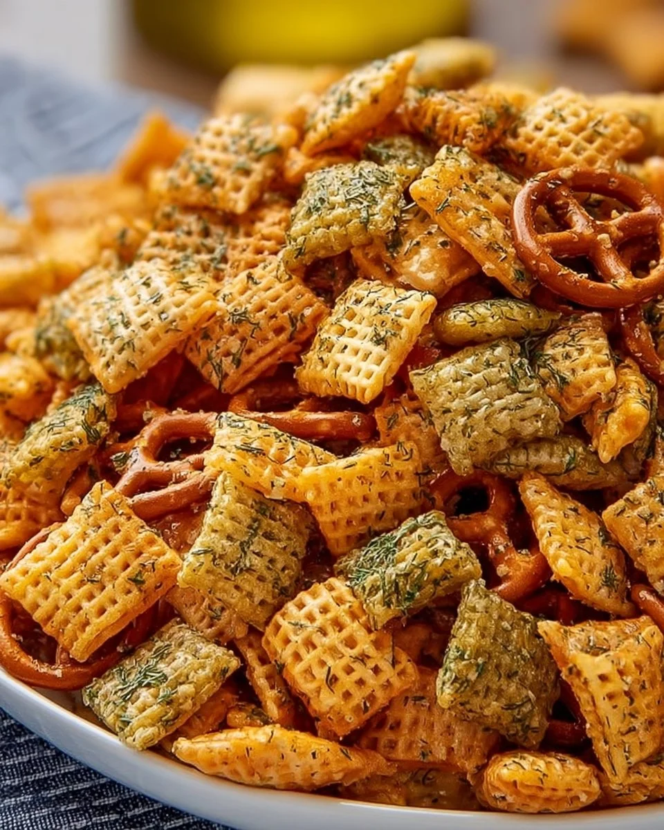 Bowl of Dill Pickle Chex Mix with a tangy flavor and crunchy texture