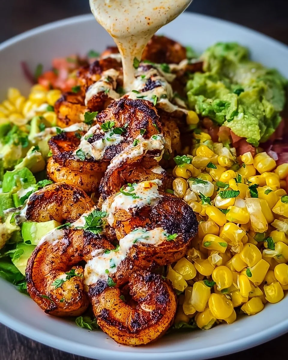 Grilled Shrimp Bowl with Avocado, Corn Salsa &amp; Creamy Sauce