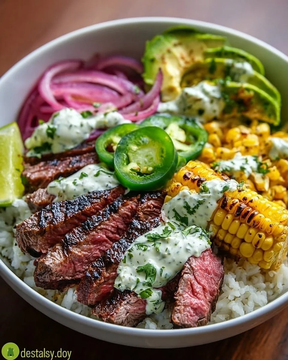 Steak, Avocado, and Roasted Corn Bowl with Cilantro Cream Sauce