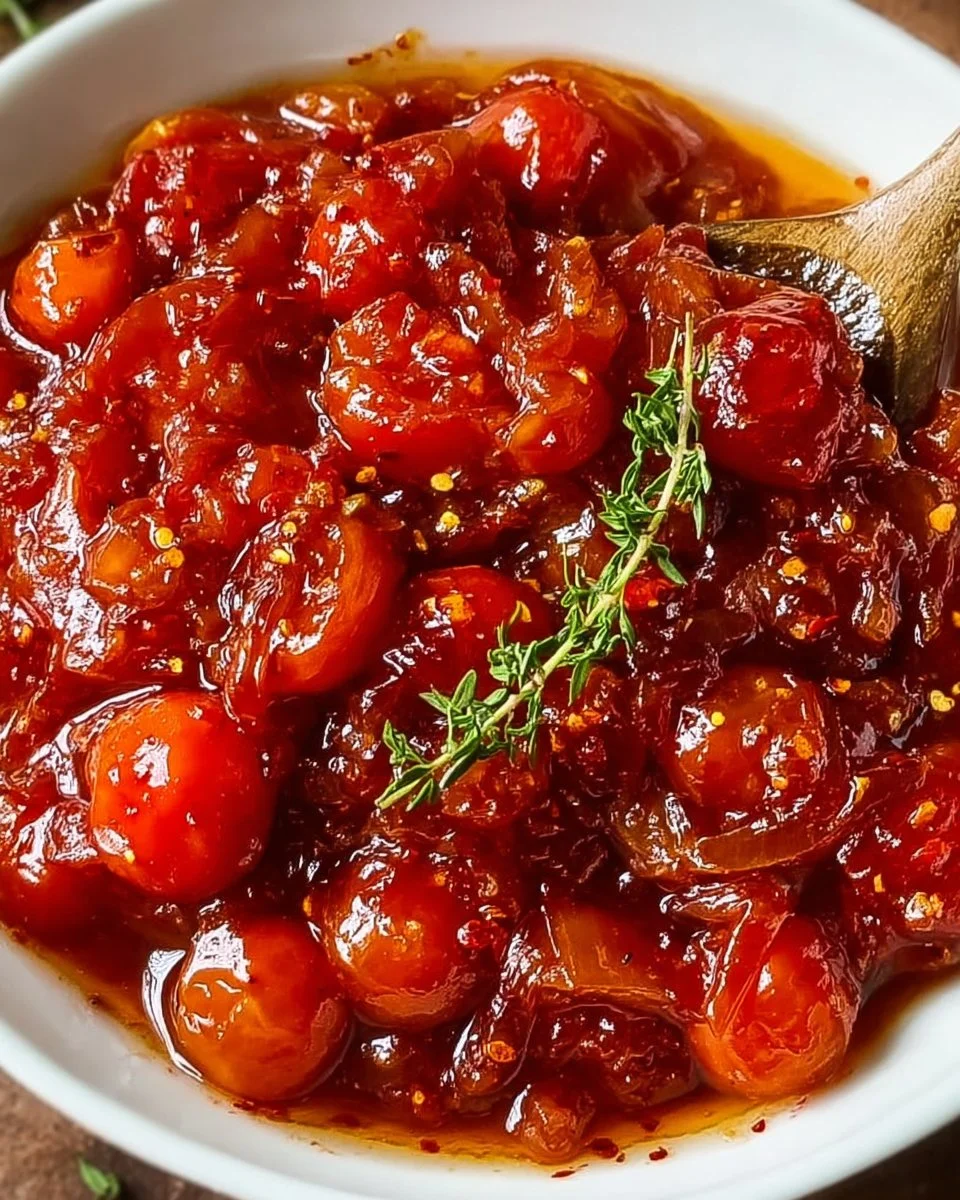 Jar of sweet and spicy homemade cherry tomato jam on a wooden table