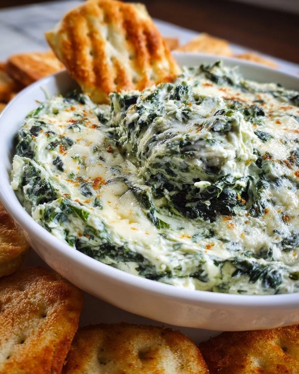 Delicious creamy spinach dip served in a bowl with crunchy chips