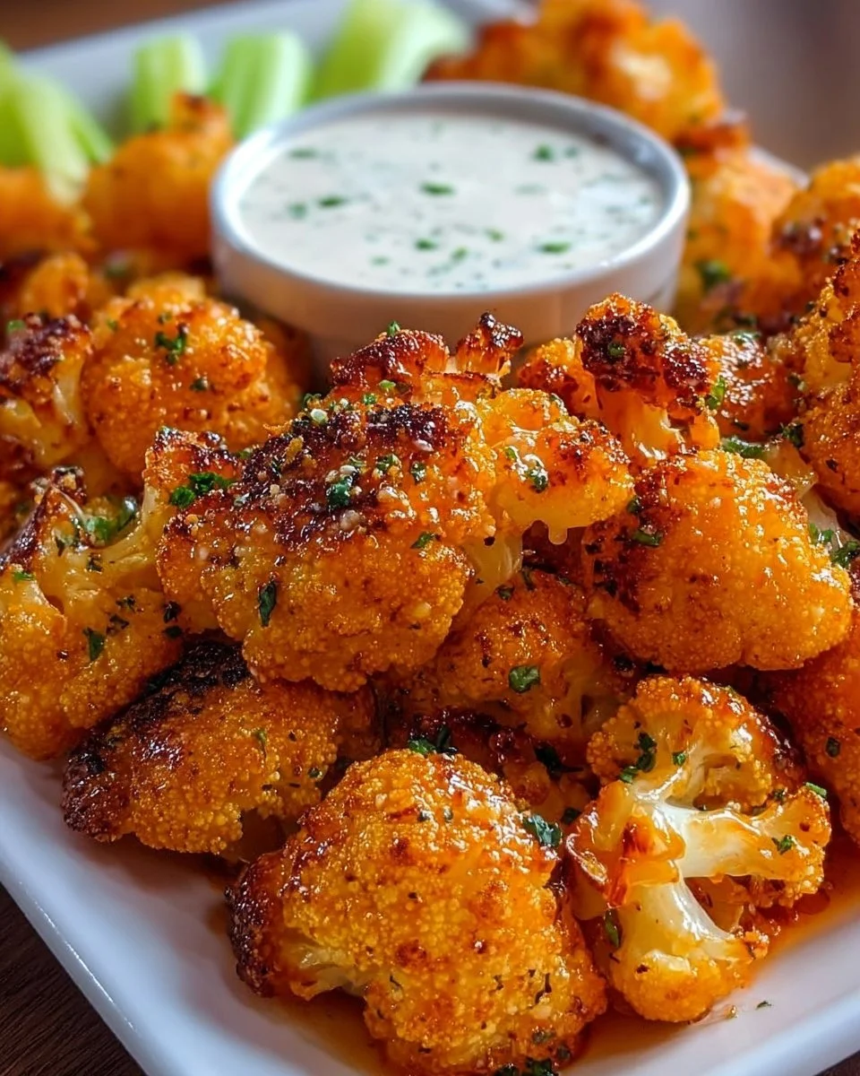 Crispy Buffalo Cauliflower Bites made in an air fryer, served with dipping sauce.