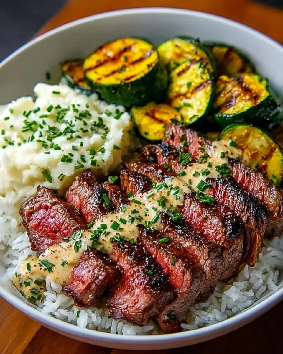 Grilled Steak Bowl with Sauce &amp; Grilled Zucchini Bliss