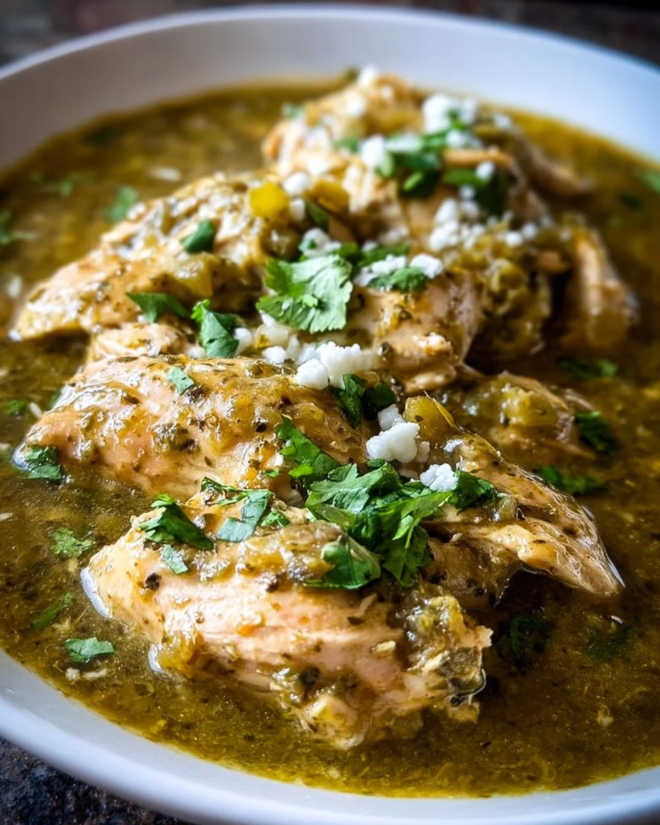 Delicious Slow Cooker Green Chili Chicken served with rice and garnished with cilantro.
