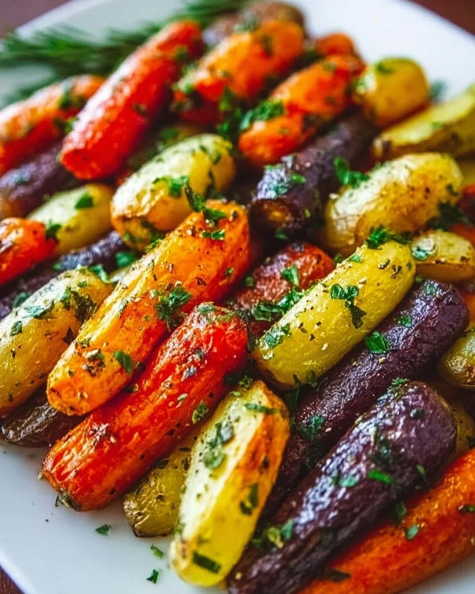 Colorful roasted rainbow carrots served on a plate, showcasing their vibrant hues.