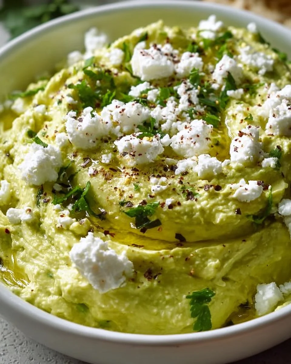 Creamy avocado feta dip served in a bowl with fresh veggies