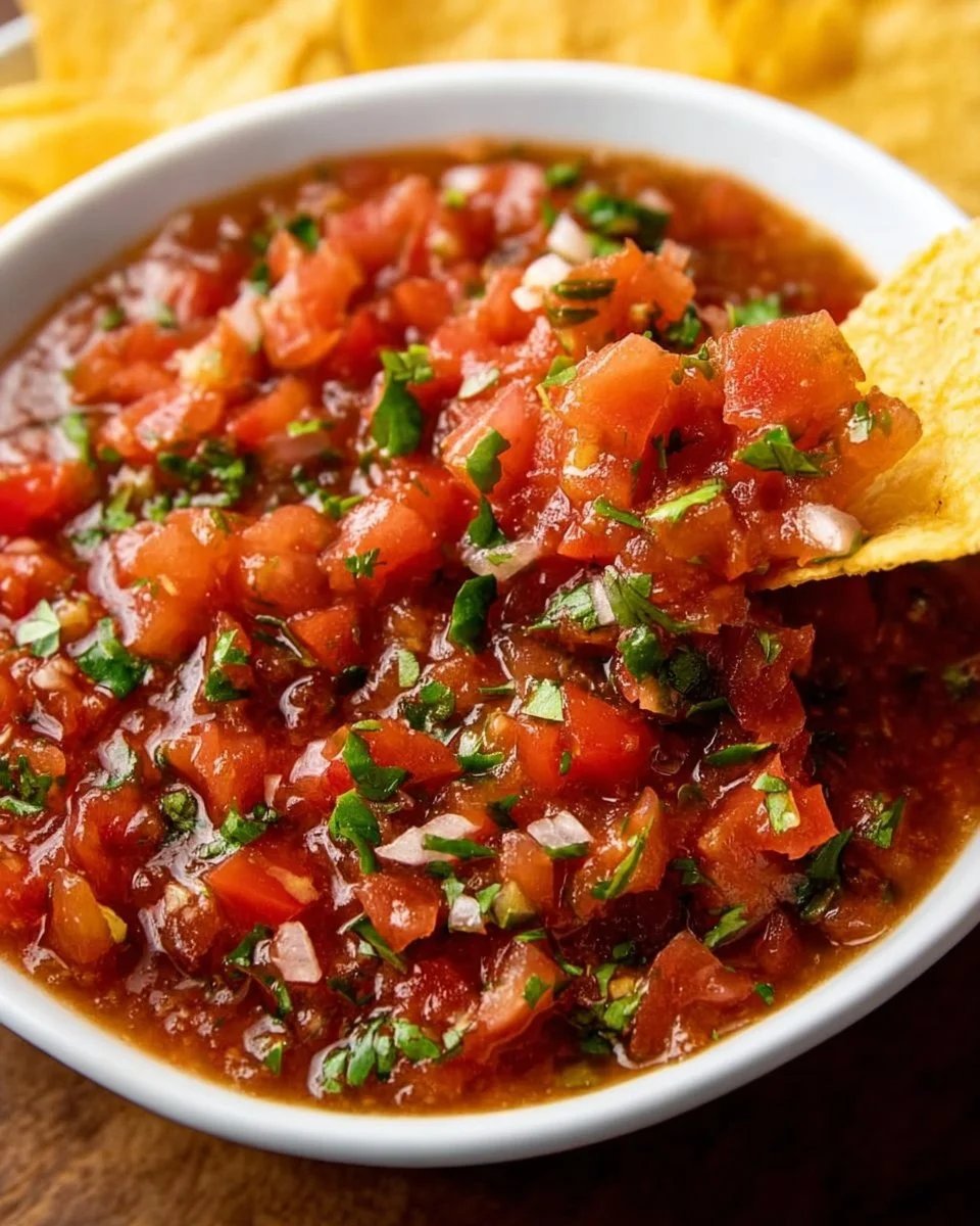 Bowl of fresh homemade salsa with tomatoes, onions, and cilantro.